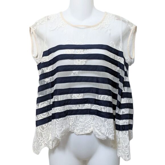 BCBGMAXAZRIA Lace Striped Boxy Sheer Blouse S - Picture 2 of 8